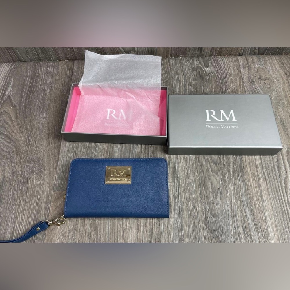 ROBERT MATTHEW ARIA 24K GOLD LEATHER WALLET WRISTLET-DARK SAPPHIRE
